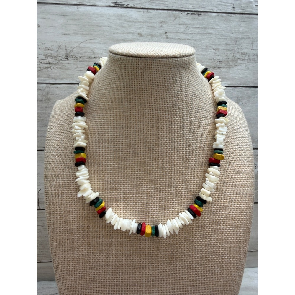 Vintage Shell Chip Necklace White Shell Wood Beads Rasta Colors 18 Inch Boho